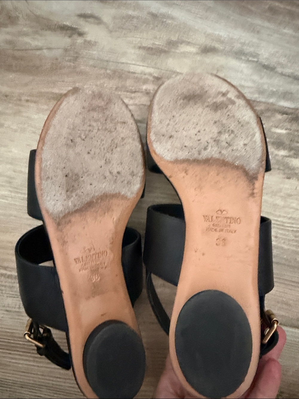 Valentino Black Leather Sandals with Gold Ring Accents - Picture 11 of 15